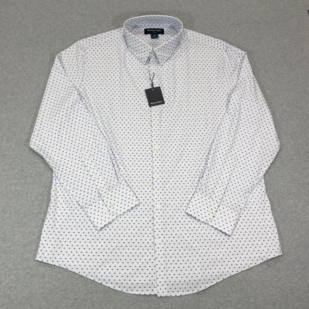 Mizzen+Main Leeward LS Dress Shirt Sky Dotted Leaf XXL Trim Fit Stretch NWT